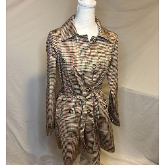 Cabi Sherlock Multicolor Houndstooth Plaid Trench Pea Coat Womens Designer - Picture 2 of 9